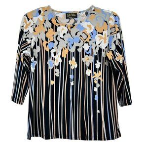 Bob Mackie Wearable Art Tunic Top S Floral Stripe Black 3/4 Sleeve Round Neck